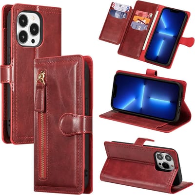 Premium vintage portemonnee hoesje met ritssluiting flip-cover hoes met kaarthoudersleuven - Geschikt voor: iPhone 13 Pro -  rood