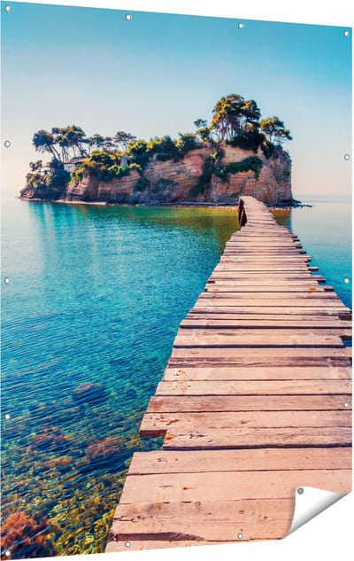 Gards Tuinposter Pad op het Water naar een Grieks Eiland - 120x160 cm - Tuindoek - Tuindecoratie - Wanddecoratie buiten - Tuinschilderij