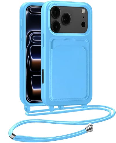 Hoesje Geschikt voor iPhone 17 Pro / 18 Pro Hoesje Met Telefoonkoord en Pasjeshouder Siliconen - Hoes Geschikt voor iPhone 17 Pro / 18 Pro Hoesje Met Kaarthouder Case - Lichtblauw
