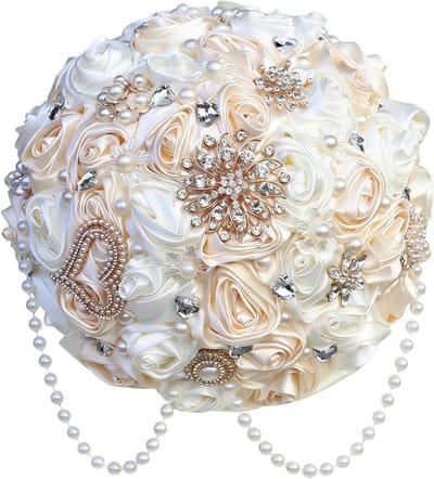 Bruidsboeket - Bruiloft Boeket - Bruiloft Versieren - Handgemaakt met Strass - 22 cm - Champagne en Ivoor