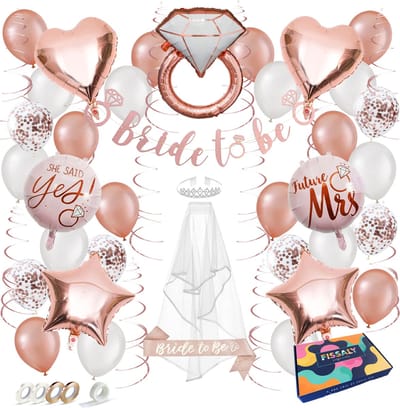 Fissaly 56 stuks Bride To Be Decoratie Set – Vrijgezellenfeest Vrouw – Inclusief Ballonnen, Sjerp, Sluier, Versieringen & Accessoires