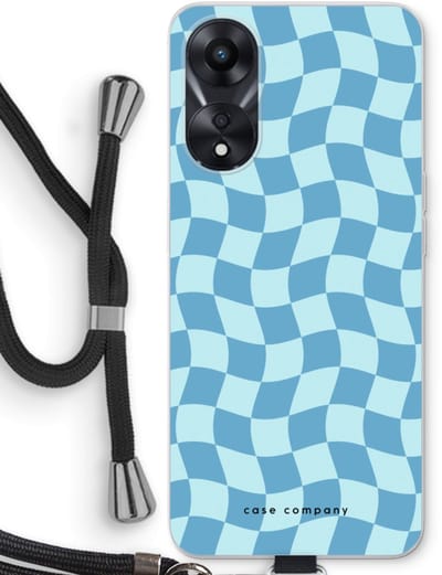Case Company® - Hoesje met koord geschikt voor Oppo A78 5G hoesje met Koord - Grid Blauw - Telefoonhoesje met Zwart Koord - Bescherming aan alle Kanten en Over de Schermrand