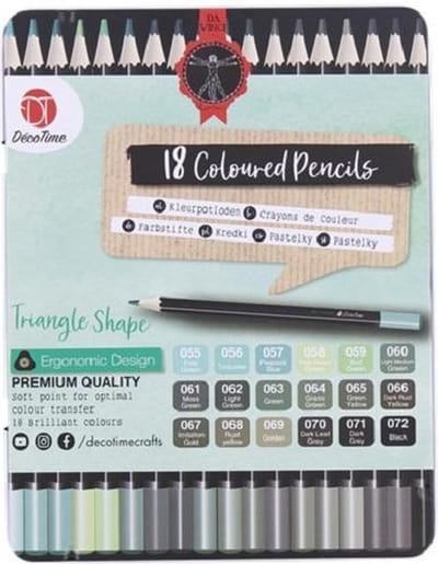 DecoTime - 18 Premium kleurpotloden in blik - Soft point - Da Vinci - Zwart - Grijs - Groen Tinten