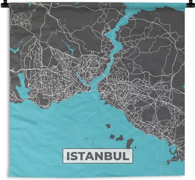 Wandkleed - Wanddoek - Istanbul - Blauw - Kaart - Stadskaart - Plattegrond - 180x180 cm - Wandtapijt