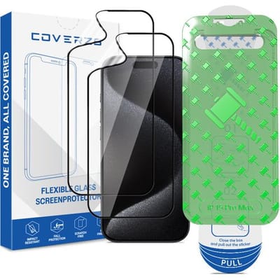 Coverzs Flexibel PMMA Glass Screenprotector met frame (2-pack) geschikt voor iPhone 15 Pro Max – Flexibel Glas – Beschermfolie met Montageframe – Premium Schermbescherming