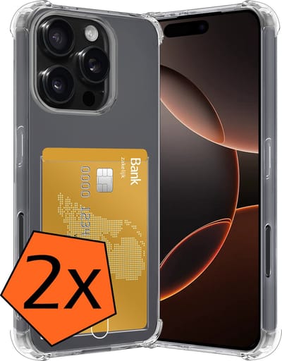 Hoes - 2 Stuks - Geschikt voor Apple iPhone 16 Pro - Met Pashouder en Kaarthouder - Telefoon Hoesje Shockproof - Siliconen Case - Back Cover - Shock Proof - Pasjes Houder - Transparant