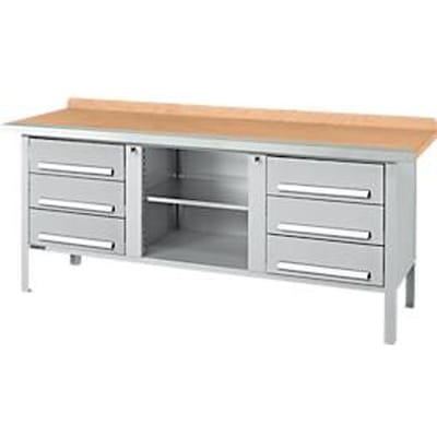 Box-type werkbank Schäfer Shop Select PWi 200-2, beuken multiplex blad, met stalen rand, tot 750 kg, B 2000 x D 700 x H 840 mm, blank aluminium