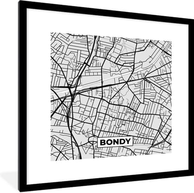 Fotolijst incl. Poster - Kaart - Frankrijk - Stadskaart - Plattegrond - Bondy - 40x40 cm - Posterlijst