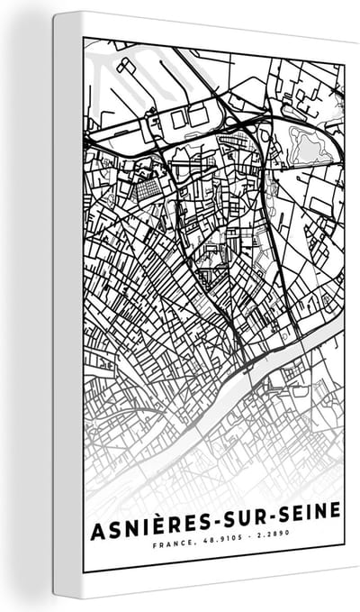 Canvas Schilderij Plattegrond - Asnières-sur-Seine - Kaart - Frankrijk - Stadskaart - Zwart wit - 20x30 cm - Wanddecoratie