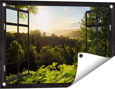 Gards Tuinposter Doorkijk Zonsondergang vanuit een Bos - 60x40 cm - Tuindoek - Tuindecoratie - Wanddecoratie buiten - Tuinschilderij