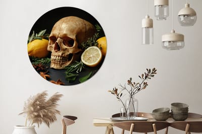 WallCircle - Wandcirkel - Muurcirkel - Skelet - Citroen - Eten - Schedel - Kaneel - Kruiden - Aluminium - Dibond - 140x140 cm - Binnen en Buiten