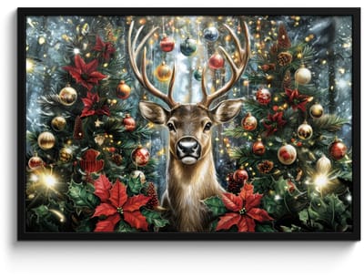 Poster in lijst - Fotolijst 90x60 cm - Posters - Kerstfeest - Dennenbos - Rood - Posterlijst zwart - Decoratie - Wanddecoratie woonkamer - Muurdecoratie slaapkamer - Kerstversiering - Kerstdecoratie voor binnen - Kerstmis