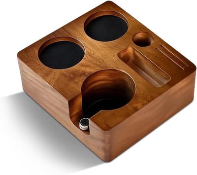 Ruimtebesparend tamperstation voor barista, 58 mm tamper met 6 opbergvakken van massief hout, ideaal voor espresso en koffieaccessoires