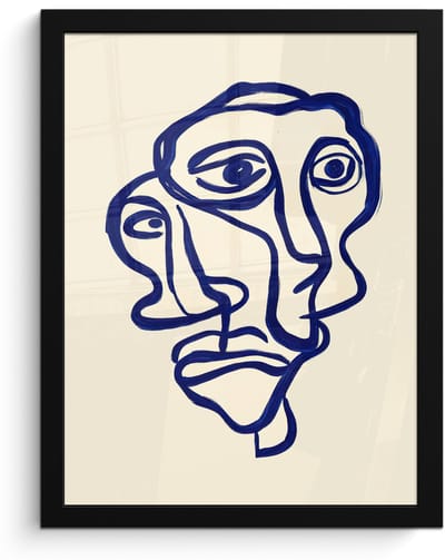 Poster in lijst - Fotolijst 30x40 cm - Posters - Lijntekening - Overlappende gezichten - Donkerblauw - Posterlijst zwart - Decoratie - Wanddecoratie woonkamer - Muurdecoratie slaapkamer