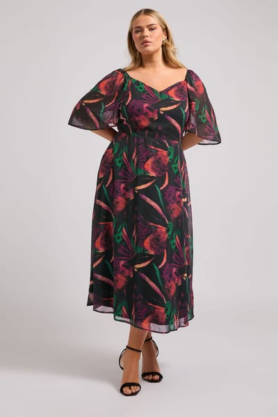 Yours London Maxijurk Met Vlinderprint En Engelmouwen In Zwart Size 42