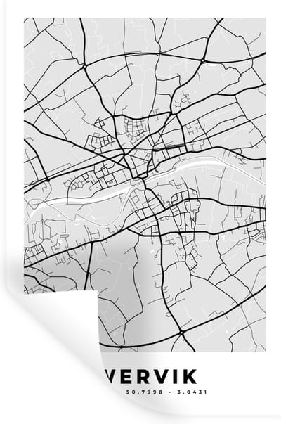 Muurstickers - Sticker Folie - België – Wervik – Stadskaart – Kaart – Zwart Wit – Plattegrond - 20x30 cm - Plakfolie - Muurstickers Kinderkamer - Zelfklevend Behang - Zelfklevend behangpapier - Stickerfolie