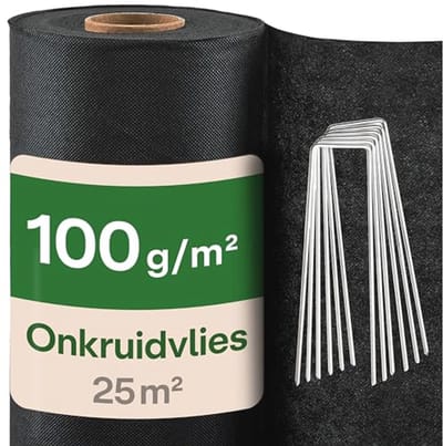 Onkruidvlies 100 g/m² met 12 Grondspikes – Extra Sterk & UV Bestendig – Waterdoorlatend & Scheurvast Tuinvlies voor Tuinen, Verhoogde Bedden & Terrassen
