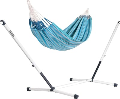 Hangmat met standaard - Dubbele hangmat - Buiten ontspannen - Biologisch katoen - 200 kg capaciteit - Azure