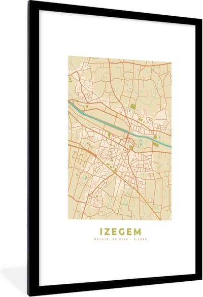 Fotolijst incl. Poster - Plattegrond - Kaart - Stadskaart - Izegem - Vintage - 60x90 cm - Posterlijst