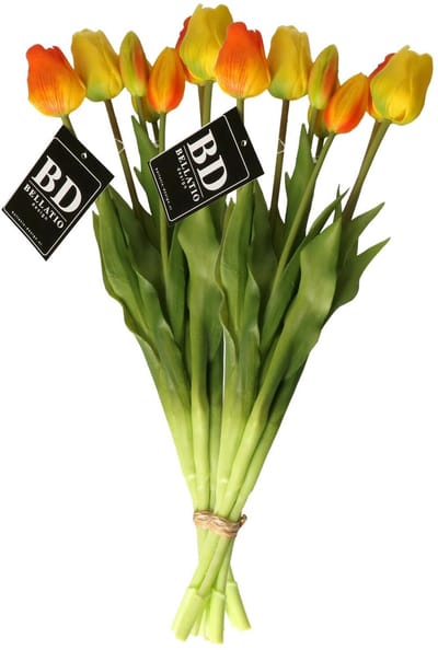 Bellatio Design Kunst tulpen boeket Sally - 14x stuks - geel/oranje - real touch - 47 cm