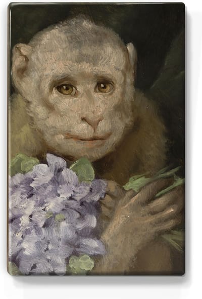 Aap met een boeket viooltjes - Gabriel von Max - 19,5 x 30 cm - Niet van echt te onderscheiden schilderijtje op hout - Mooier dan een print op canvas - Laqueprint.