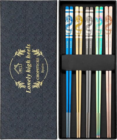 NTHProducts - Herbruikbare Chopsticks - 5 Paar Roestvrij Staal - Geschikt voor Thuis en Restaurant - Inclusief Drakenpatroon - Vaatwasserbestendig - P