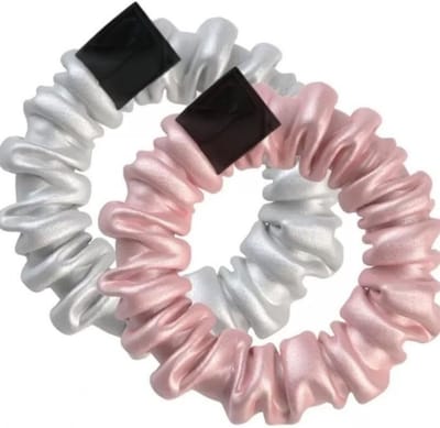 Famanu – Satijnen scrunchies 2 stuks, spiraal-elastiek met satijnen afwerking, roze en zilver