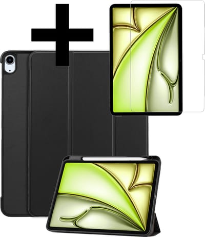 Hoes - Geschikt voor Apple iPad Air (2024/2025/2026) - 11 inch - Met Screenprotector - Trifold Bookcase - Hard Cover Case - Met Uitsparing Geschikt voor Apple Pencil - Hardcover Book - Tablet Hoesje - Zwart