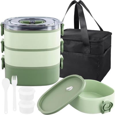 3-in-1 Lunchbox met Compartimenten, 2800 ml, Lekvrije Voedseldoos, Stapelbaar en Geschikt voor Kinderen en Volwassenen, Inclusief Bestek en Tas, BPA-vrij en Ideaal voor Gezonde Maaltijden