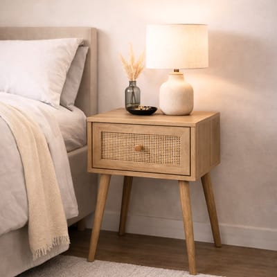 MISOU Nachtkastje - Met Lade - Modern - Rotan - Webbing - Hout - Slaapkamer - Eiken Kleur - BALI - HANNAH