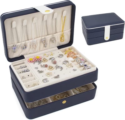 Oneay Klein sieradendoosje voor op reis, draagbare dubbellaagse PU-leer organizer, leuk cadeau voor vrouwen en meisjes, voor ringen, oorbellen en kettingen – Donkerblauw