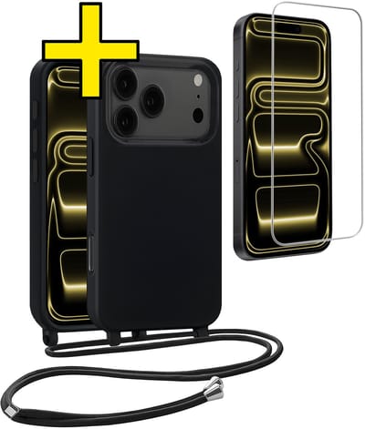 Hoesje Geschikt voor iPhone 17 Pro Hoesje Met Koord Met Screenprotector Siliconen Case - Hoes Geschikt voor iPhone 17 Pro Backcover Met Afneembaar Koord - Zwart