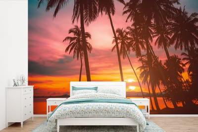 Behang - Fotobehang Zee - Palmboom - Zonsondergang - Strand - Silhouette - Breedte 360 cm x hoogte 240 cm