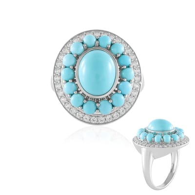 Cavill - 925 Zilver Ring - Platina Verguld - 2.48 ct Sleeping Beauty Turkoois - 14 Turkooizen - 35 Cambodjaanse Zirkonen - Elegant