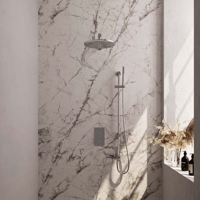 Brauer Chrome Carving thermostatische inbouw regendouche 3-weg omstelling SET 38 met 30 cm douchekop en rechte muurarm en staaf handdouche en doucheslang en geïntegreerde glijstang chroom