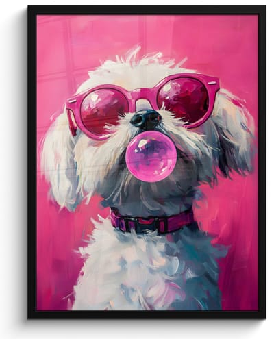 Poster in lijst - Fotolijst 50x70 cm - Posters - Pink - Hond - Bubbel - Posterlijst zwart - Decoratie - Wanddecoratie woonkamer - Muurdecoratie slaapkamer