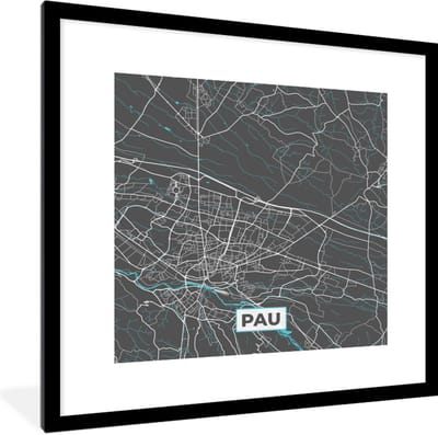 Fotolijst incl. Poster - Kaart - Plattegrond - Pau - Frankrijk - Stadskaart - 40x40 cm - Posterlijst