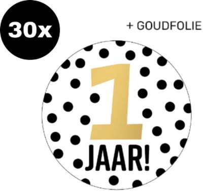 30x ZOETTT Sluitsticker 1 jaar! | GOUDFOLIE | 40 mm | Traktatiesticker Hoera | Cadeausticker | Sluitzegel | Sluitsticker | Traktatie - Verjaardag - Feest | Kinder traktatie