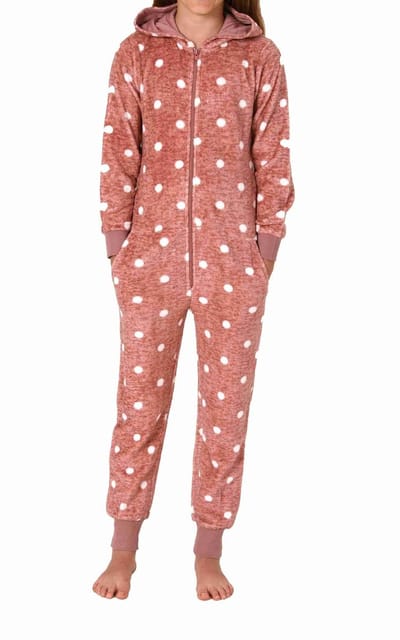 Behaaglijke Meisjespyjama Jumpsuit Overall in koraalrode fleece met stippenlook