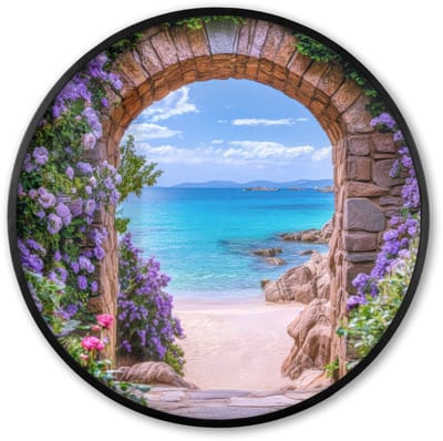 Poster in lijst Rond - Fotolijst 60x60 cm - Posters - Doorkijk - Poort - Zee - Strand - Rotsen - Ronde posterlijst zwart - Decoratie - Wanddecoratie woonkamer - Muurdecoratie slaapkamer