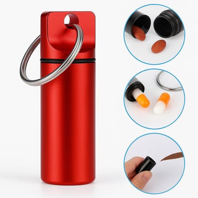 Luxe Pillendoosje Sleutelhanger I Medicijn doosje I Pil Box I Pillenkoker | Aluminium I Waterdicht I Rood