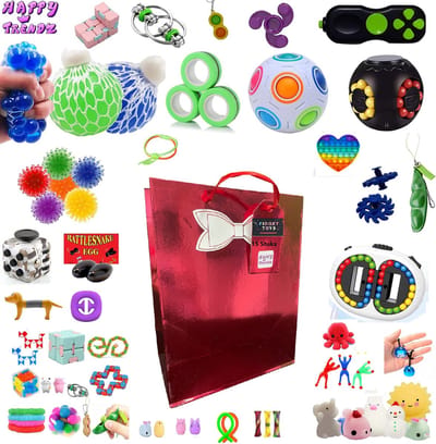 Happy Trendz® Fidget Pakket 15 Mystery Rood Deluxe Bagg - in Luxe cadeautas - Set van 15 stuks Verschillende FidgetToys - Mood Octopus - wacky - mochi - spinner - gift -top cadeau - feestdagen - musthave - advent - aftellen