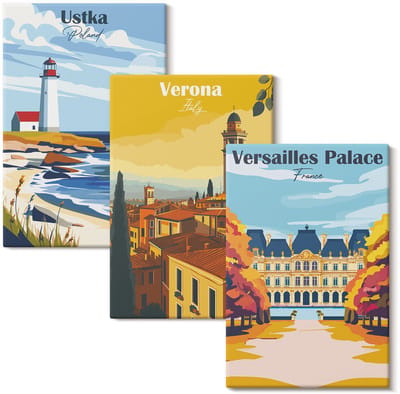 Wallfluent Set van canvas schilderijen - Uitzichten op beroemde plaatsen aan zee en in steden Canvas Schilderijen Set - set 3 stuks 20x30 cm - Veelkleurig Set van Canvas Prints - Steden Canvas Kunst Set - Boheemse Canvas Kunst Set