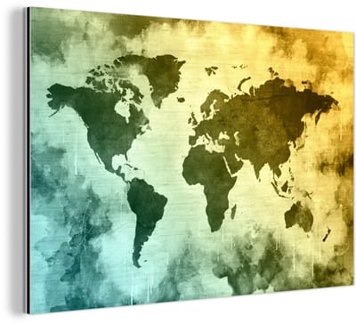 Aluminium schilderij 180x120 cm - Wanddecoratie metaal - Wereldkaart - Groen - Blauw - Metalen muurdecoratie woonkamer - Decoratie industrieel - Foto op dibond - Industriële accessoires slaapkamer