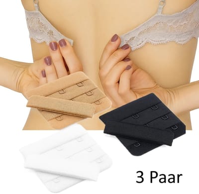 BH verlengstuk I 3 Tussenhaakjes I BH Accessoires I Beha Verlenger I Bra Extender I Rechthoekige Haakjes I Set van 3 I Zwart, Wit & Beige