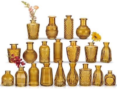 Allecto - Amberkleurige Glazen Bud Vaas - Mini Vintage Fles - Set van 20 - Bloemstukken Decoratie - Woondecoratie - Bruiloft Decoratie - Geschikt v...