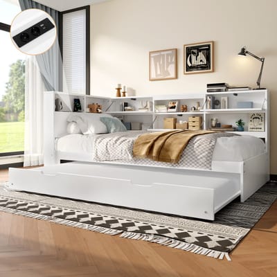 REDOM bedbank 90x200 cm – Grenenhout wit – L-vormig opberghoofdbord – Uitschuifbed 90x190 cm – USB & Type-C – 120/80 kg