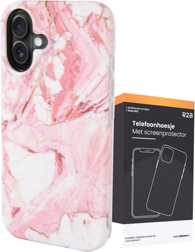 R2B Hoesje geschikt voor iPhone 16 - Marmer - Screenprotector - Roze/Wit/Oranje - Telefoonhoesjes - Gsm Hoesje - Phone Case - Model de Bilt