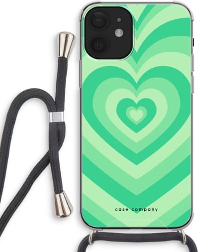 Case Company® - Hoesje met koord geschikt voor iPhone 12 mini hoesje met Koord - Hart Groen - Telefoonhoesje met Zwart Koord - Bescherming aan alle Kanten en Over de Schermrand