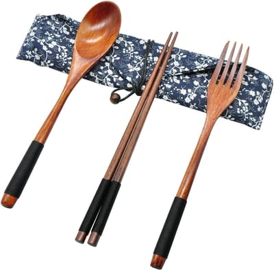 Houten Bestekset voor Thuis, Picknick, Kamperen en Reizen - Lepel, Vork en Eetstokjes